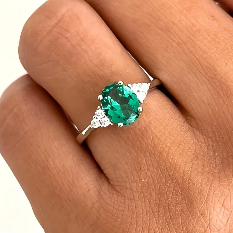 S925 1ct Emerald Oval Zircon Ring