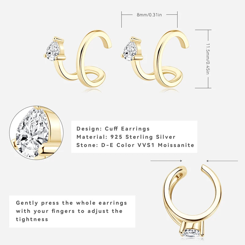 Pear Moissanite Earcuff Pierced Cartilage Earrings