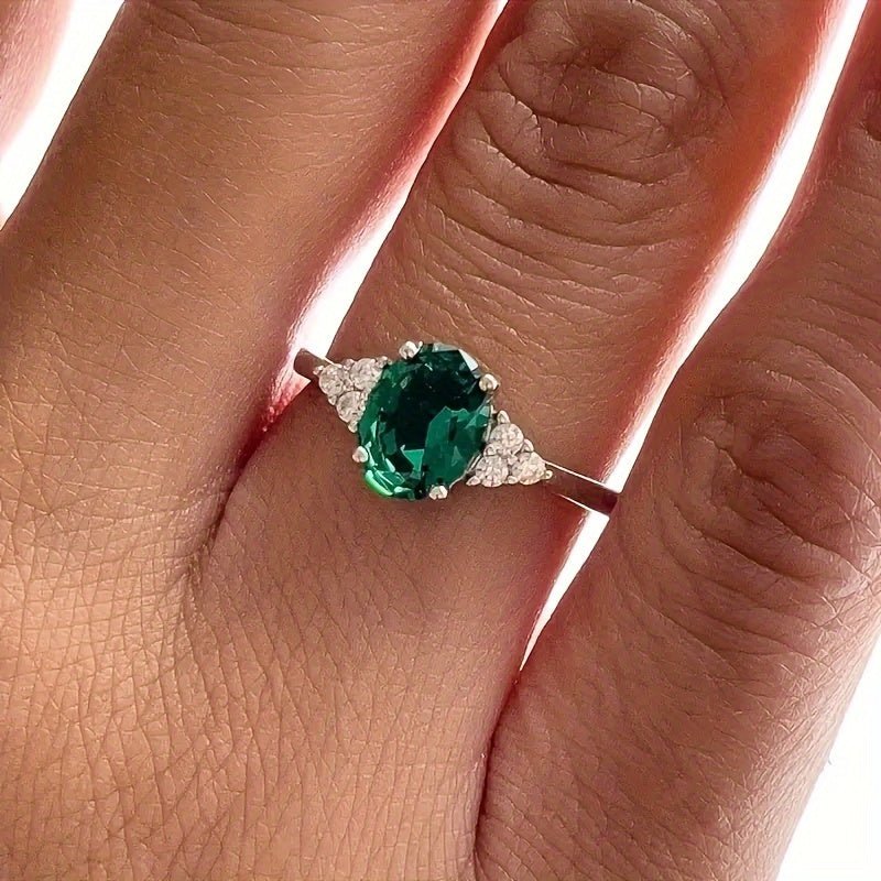 S925 1ct Emerald Oval Zircon Ring