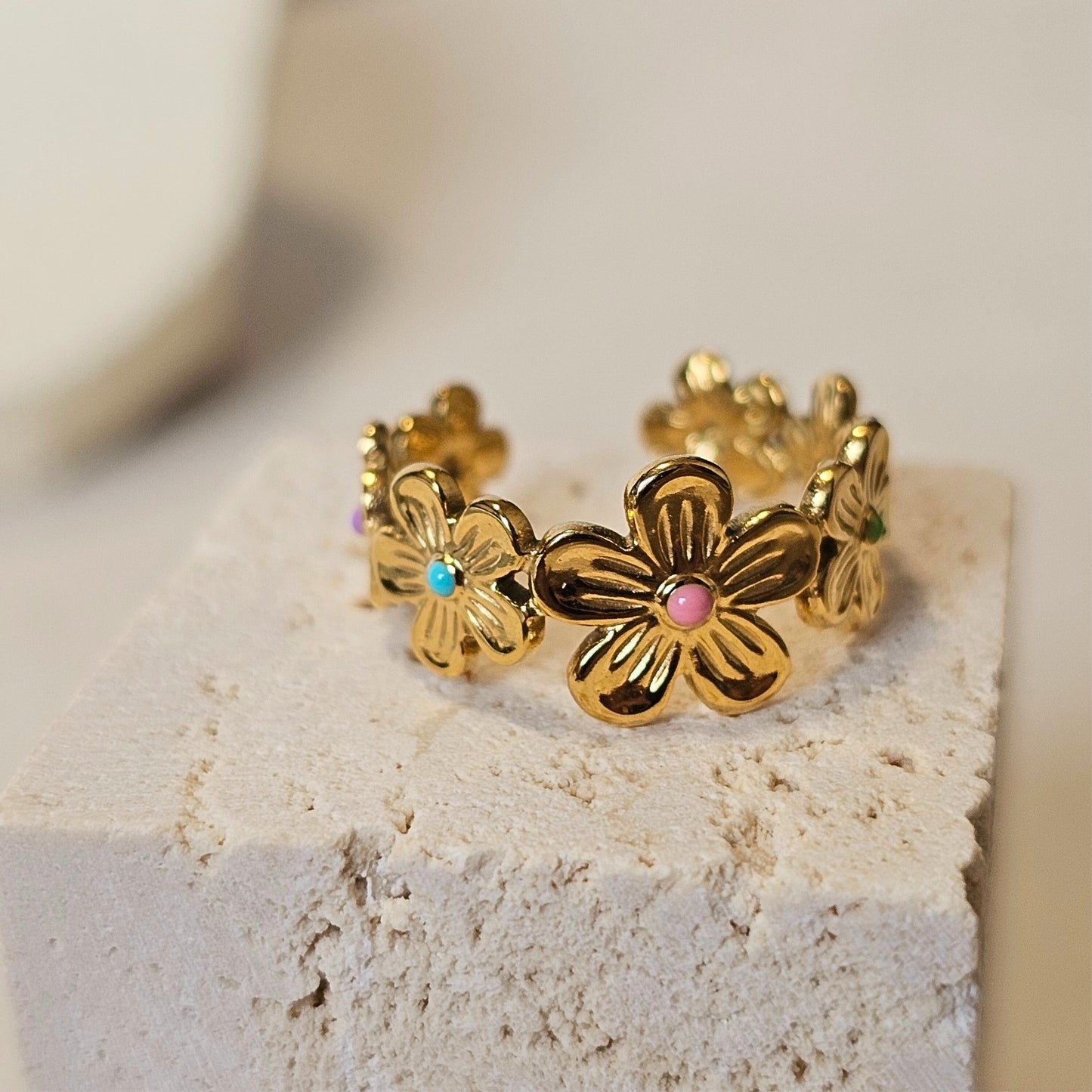 7 Petal Botanical Floral Crown Gold Ring