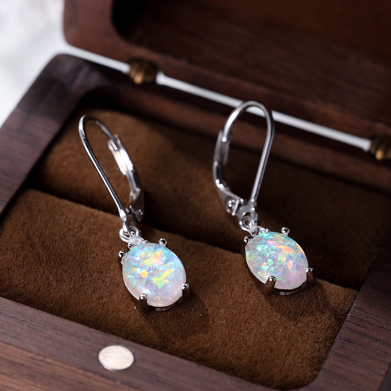 S925 Round-Cut Opal Dangle Drop Earrings