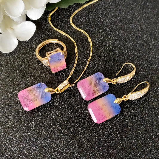 Elegant Pink & Blue Gradient Gemstone Jewelry Set