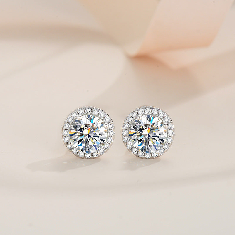 Halo Sterling 925 Silver Round Moissanite Decor Stud Earrings