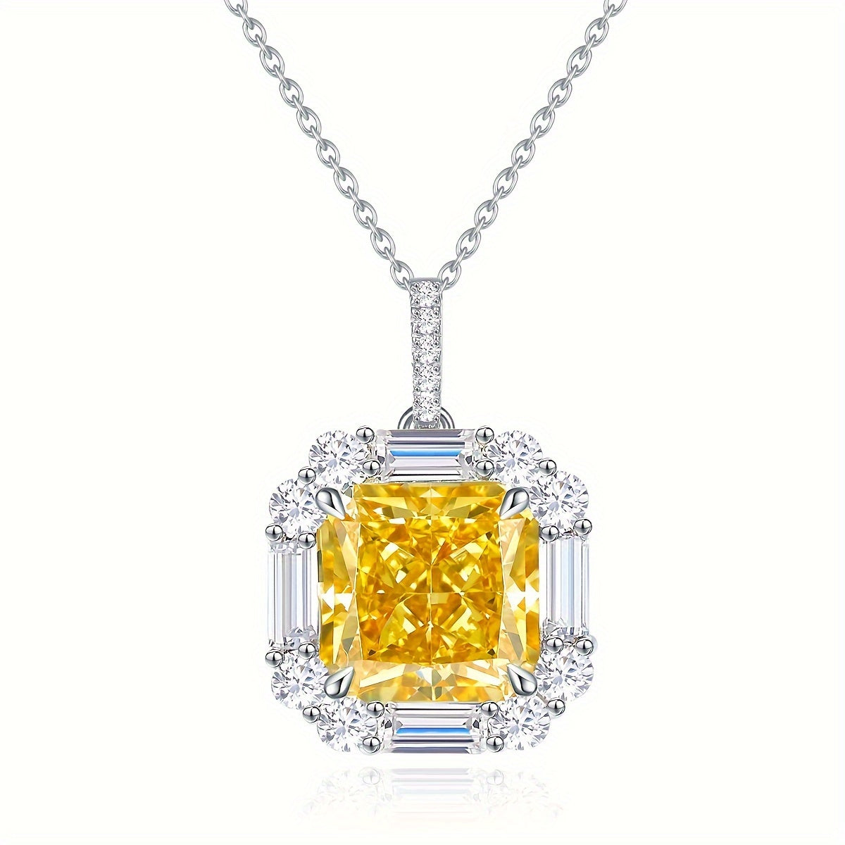 High Carbon Silvery Square Pendant Zircon Necklace