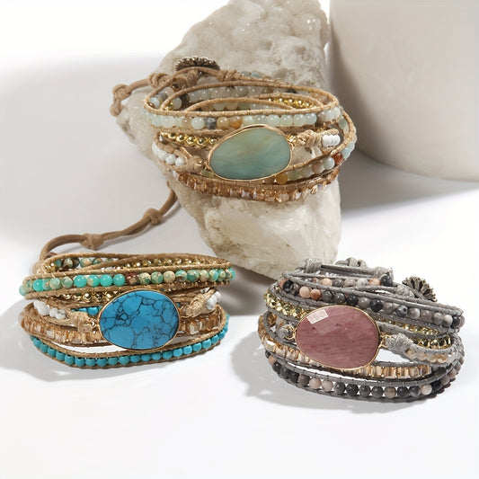 Artisan-crafted, five-row beaded wrap bracelet in a bohemian style