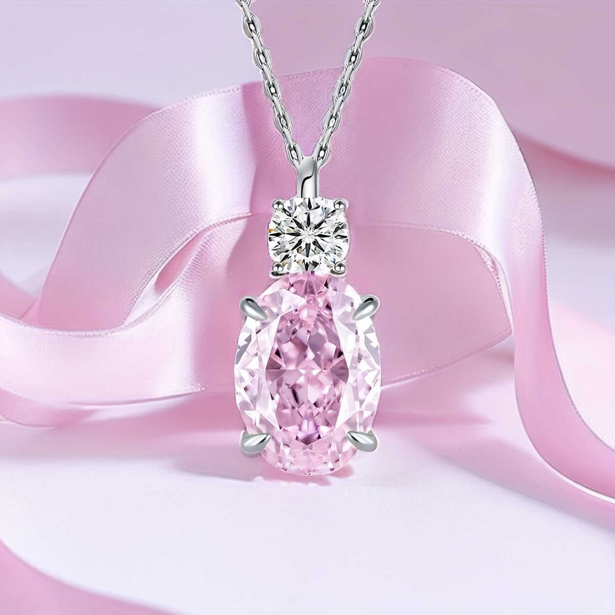 Pink Cubic Zircon S925 Sterling Silver Oval Pendant Necklace