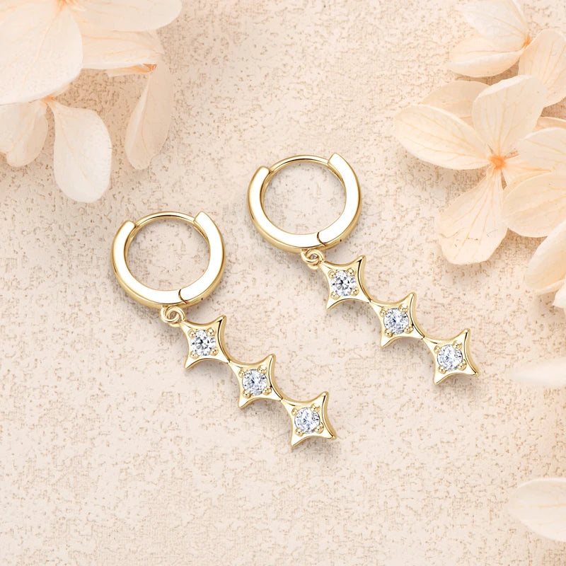 Lucky Three Star Moissanite Drop Earrings