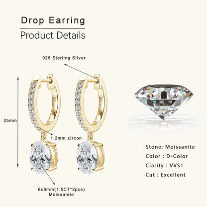 Orecchini argento Oval Moissanite Earrings