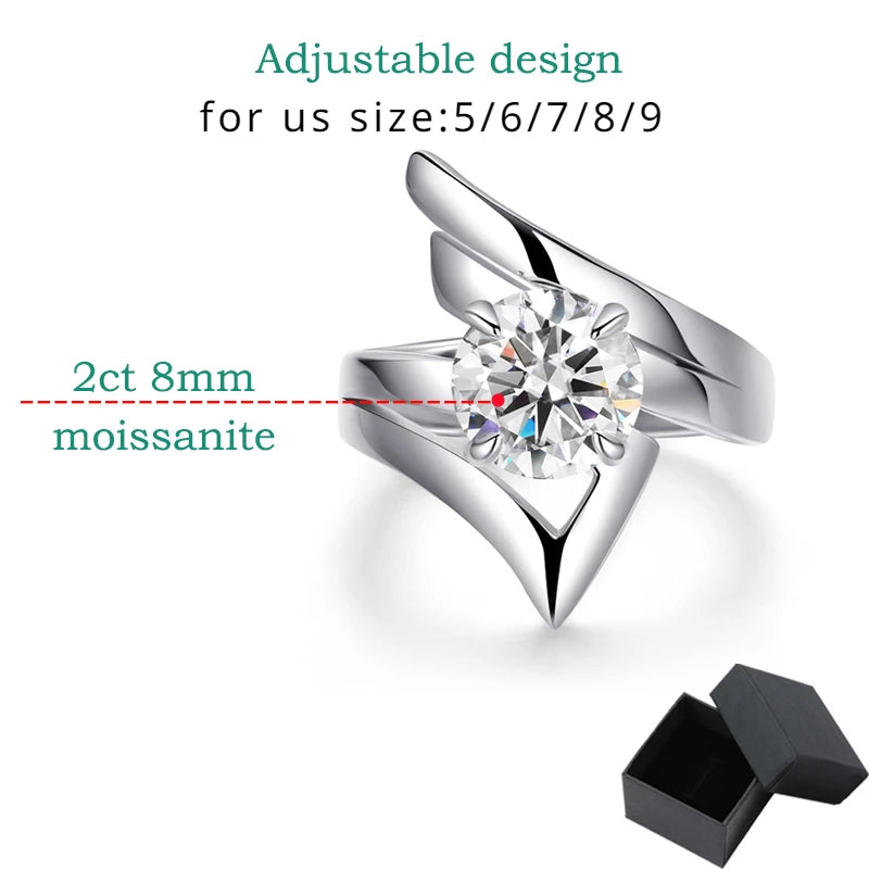 Adjustable 925 silver 2ct Round Moissanite Rings