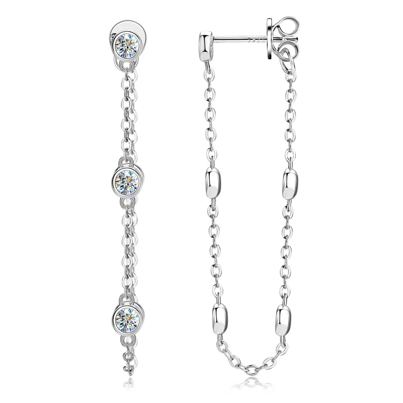 Lynn's Long Chain Tassel Bezel Modern Moissanite Drop Earrings