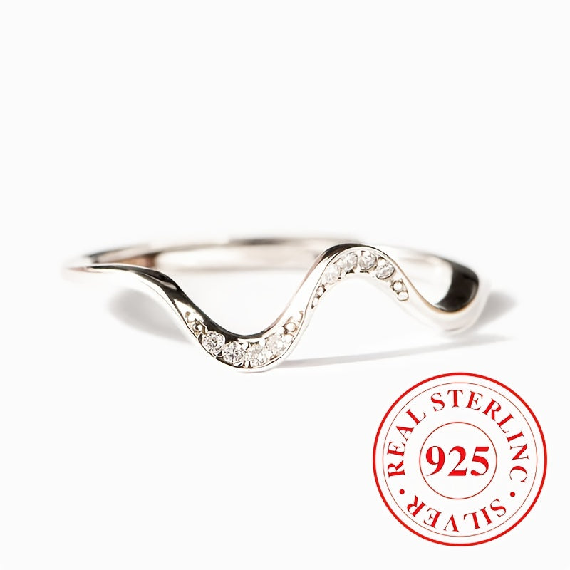 925 Sterling Silver Sparkling Wave Design Zirconia  Ring