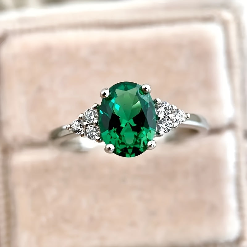 Emerald Green Oval Faux Zircon S925 Ring