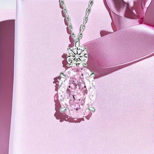 Pink Cubic Zircon S925 Sterling Silver Oval Pendant Necklace