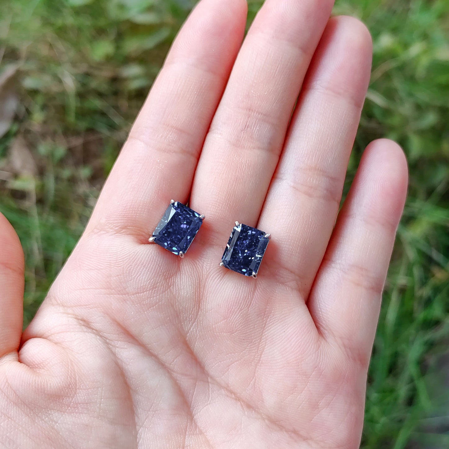 Radiant 7ct Dark Tanzanite Blue Zirconia 925 Sterling Silver Stud Earrings