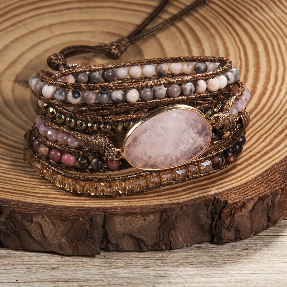 Artisan-crafted, five-row beaded wrap bracelet in a bohemian style