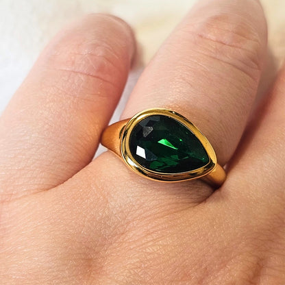 Deep Green Emerald Pear Cut Ring
