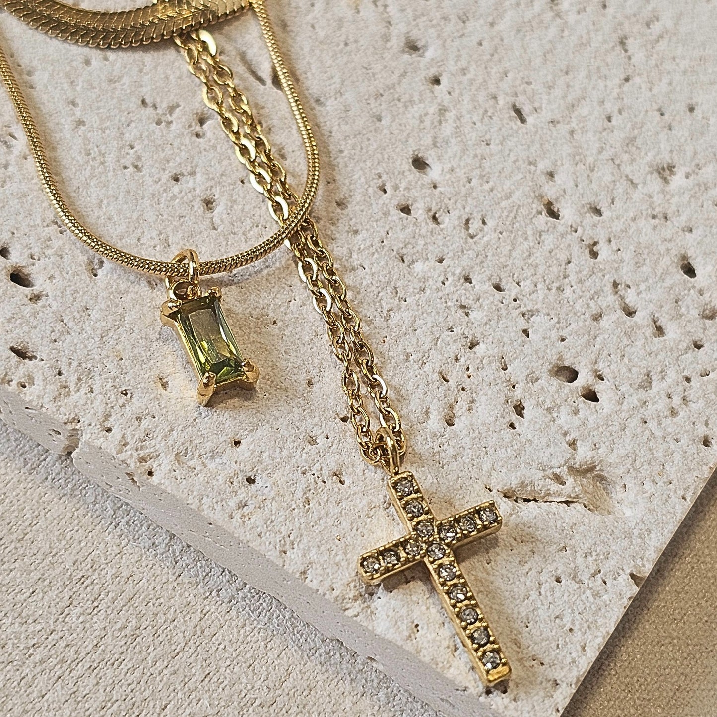 2 piece layering set Green Emerald Gold Cross Necklace