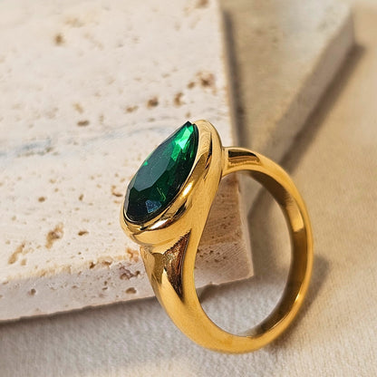 Deep Green Emerald Pear Cut Ring