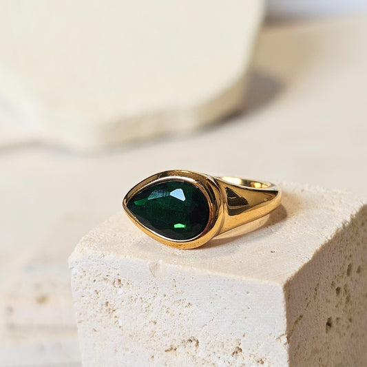 Deep Green Emerald Pear Cut Ring