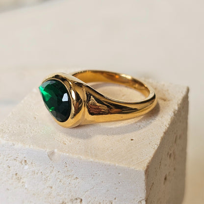 Deep Green Emerald Pear Cut Ring