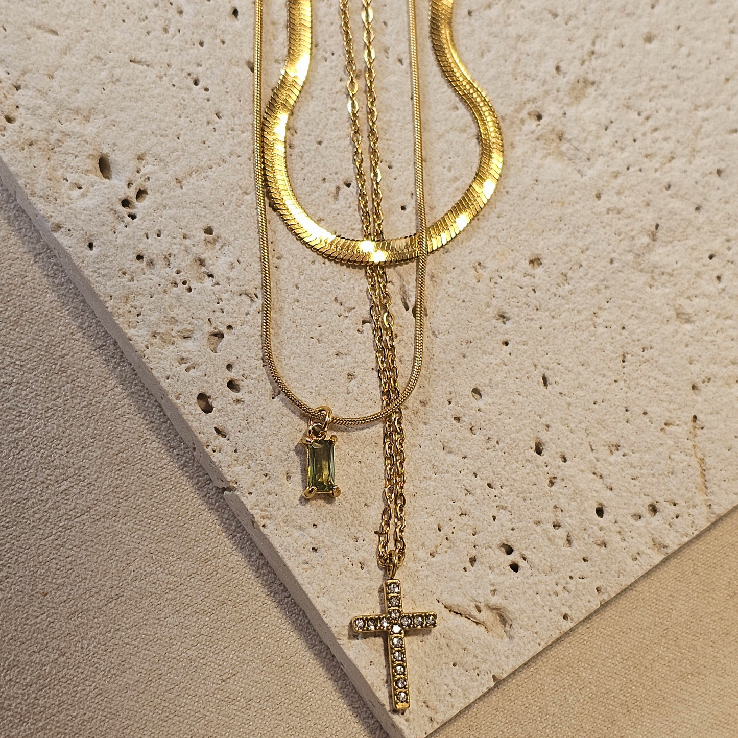 2 piece layering set Green Emerald Gold Cross Necklace