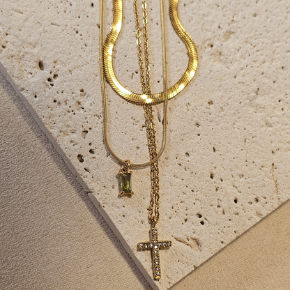 2 piece layering set Green Emerald Gold Cross Necklace