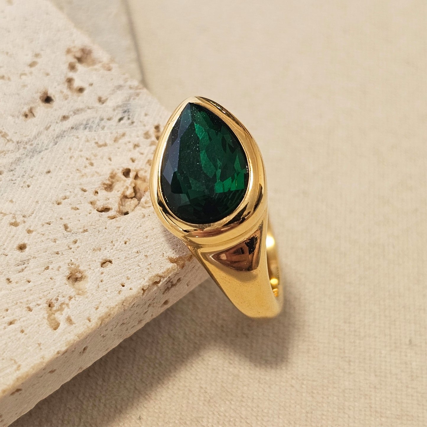 Deep Green Emerald Pear Cut Ring