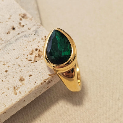 Deep Green Emerald Pear Cut Ring