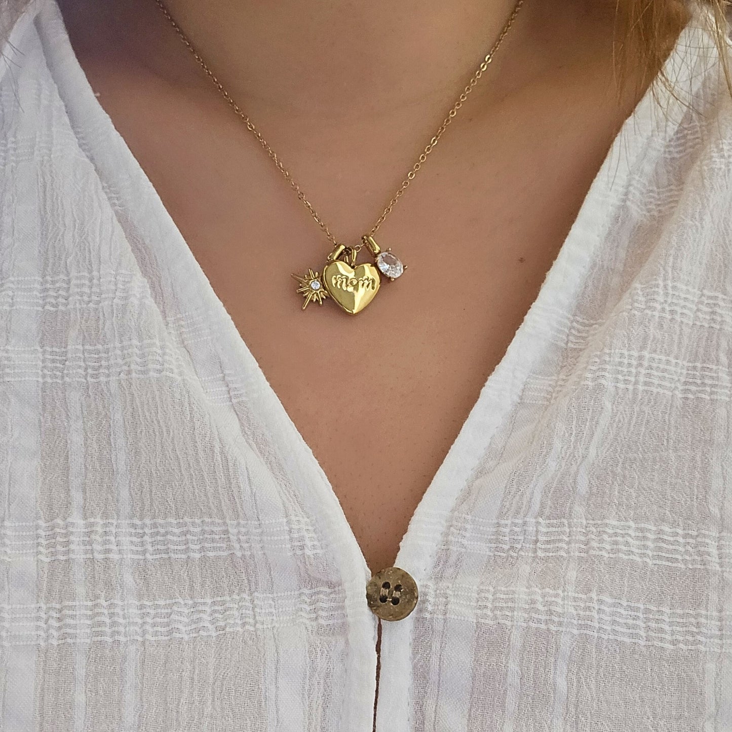 Star & Oval Charm Gold Heart Pendant Necklace