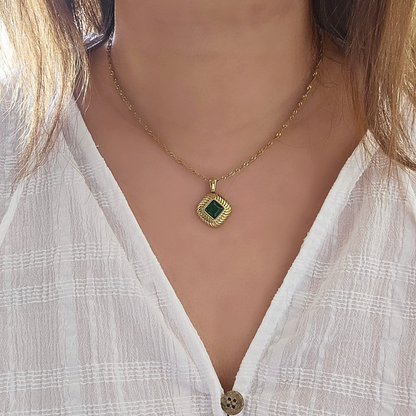 Retro Geometric Green Emerald Gold Chain Necklace