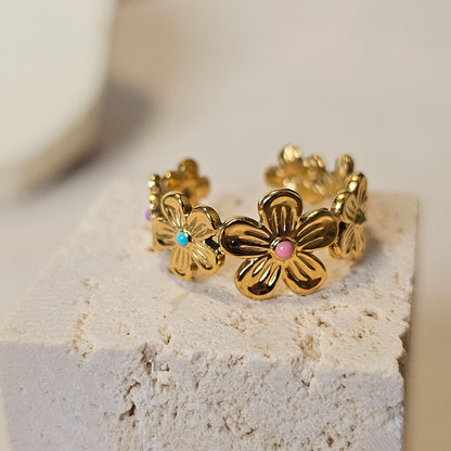 7 Petal Botanical Floral Crown Gold Ring