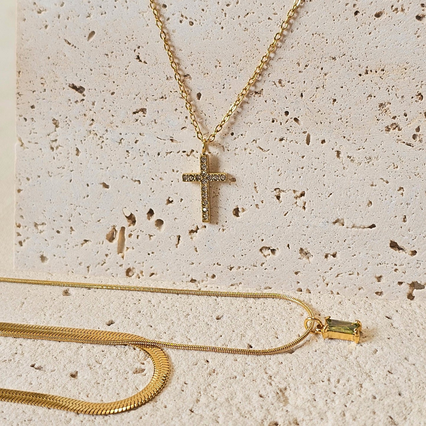 2 piece layering set Green Emerald Gold Cross Necklace