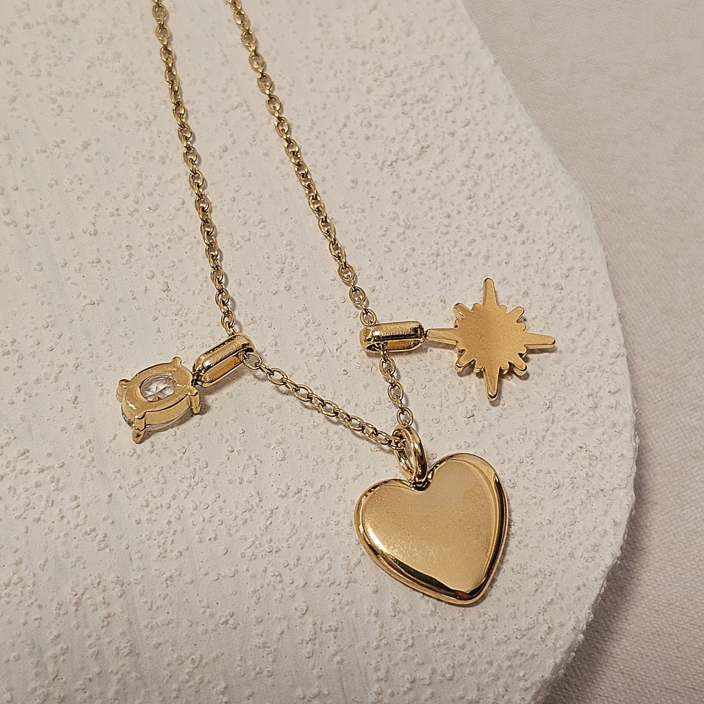 Star & Oval Charm Gold Heart Pendant Necklace