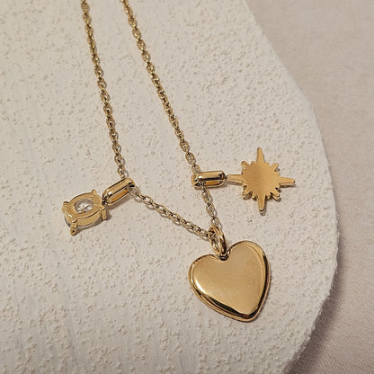 Star & Oval Charm Gold Heart Pendant Necklace