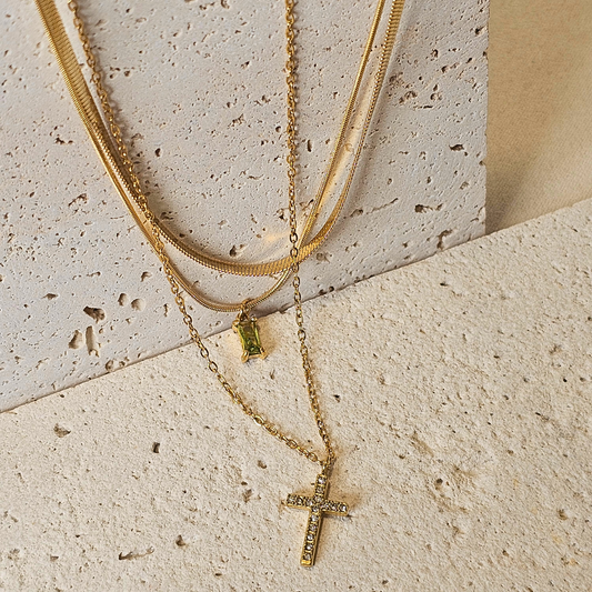 2 piece layering set Green Emerald Gold Cross Necklace