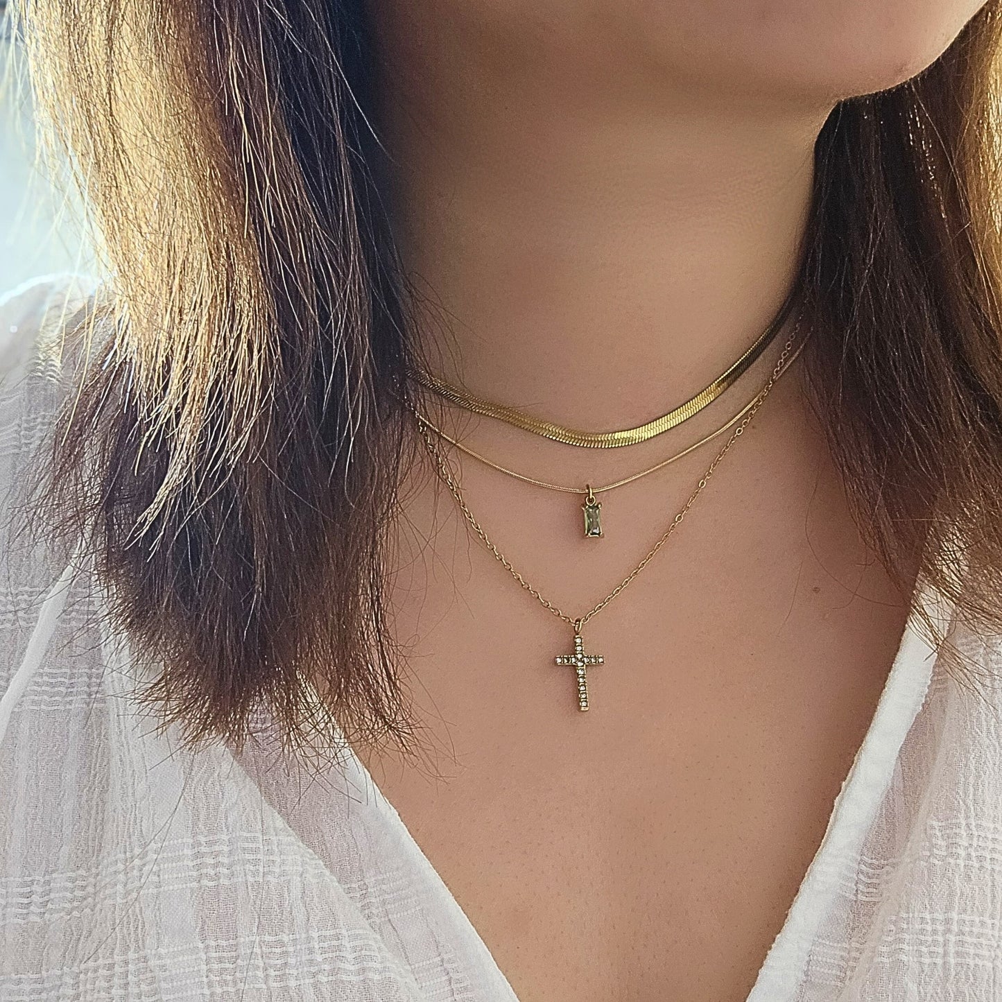 2 piece layering set Green Emerald Gold Cross Necklace